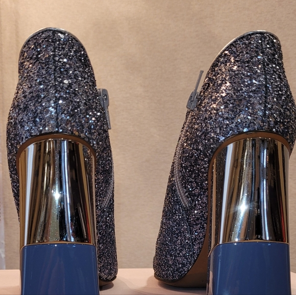 L'Autre Chose Sequin Glitter Ankle Boots, Mirror Chrome Two Toned Stacked  Heels - Picture 8 of 17